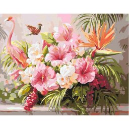 Set pictura pe numere, cu sasiu, Hibiscus si flamingo, 40x50 cm