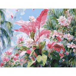 Set pictura pe numere, cu sasiu, Flori roz tropicale, 40x50 cm