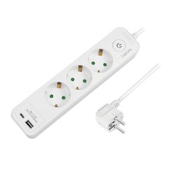 PRELUNGITOR LOGILINK, Schuko x 3, USB-A x 1, USB-C x 1, cablu 3G 1.5mm2, 230 V/16 A, 50 Hz, max. 3500 W, buton intrerupator iluminat, IP20, 2m, alb, LPS279U (timbru verde 0.8 lei)