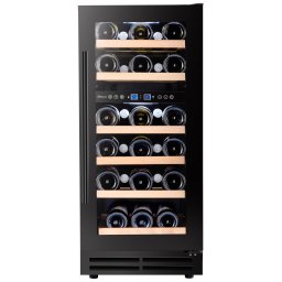Vitrina de vinuri incorporabila STARCREST SWN-8028DZ, 80L, 28 sticle, Rafturi lemn de fag, 2 zone de racire, Control electronic, Display, Iluminat interior LED, H 85.5 cm, Negru