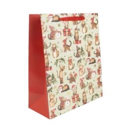 Pungă de cadou cu model de pisici cu șapcă de Moș Crăciun - 26 x 32 cm