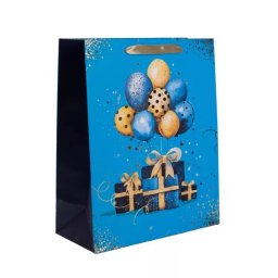 Pungă cadou cu model de cadou și baloane - albastră, 11 x 14 cm