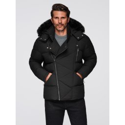 Ombre Men's quilted jacket with cut of ramoneski with hood - black