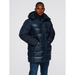 Ombre Men's quilted jacket with combined materials and hood - navy blue