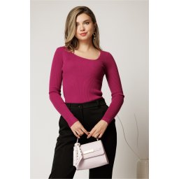 Bluza casual din tricot reiat magenta cu decolteu in colt