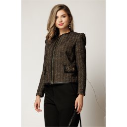 Jacheta DY Fashion eleganta din tweed negru cu maro