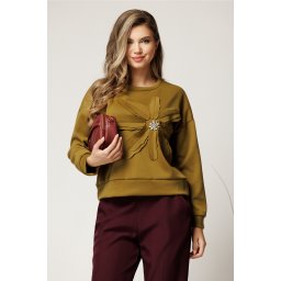 Bluza casual galben mustar cu floare maxi si strasuri