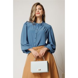 Camasa DY Fashion albastra din voal plin cu guler incretit