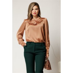 Bluza eleganta bej lejera din voal cu maneca lunga