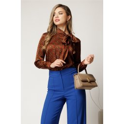 Bluza eleganta maro cu imprimeuri caramizii din satin