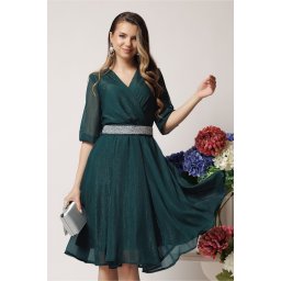 Rochie DY Fashion eleganta din voal verde inchis cu fir stralucitor si cordon