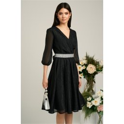 Rochie Dy Fashion neagra din voal cu fir stralucitor si cordon