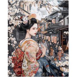 Set pictura pe numere, cu sasiu, Gheisa pe strada medievala, 40x50 cm