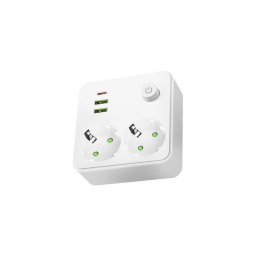 Priză multiplă cu întrerupător LINEA, 2 x 230 V + 3 x USB (A/C), prize Schuko, albă