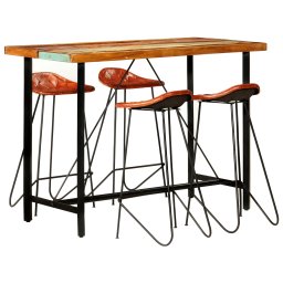 Set mobilier de bar, 5 piese, lemn reciclat si piele naturala GartenMobel Dekor