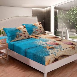 Set lenjerie pat tematica ocean, imprimata cu mare, pentru copii si adolescenti, pat dublu, albastru