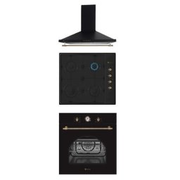 Plita Pachet rustic incorporabil cuptor electric, plita gaz si hota decorativa Dolce Retro Black Studio Casa, Clasa energetica A, 6 functii, Grill, Ventilator, Gratare fonta, 1 motor turbo, Negru