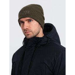 Ombre Men's knitted beanie cap with embroidered inscription - olive