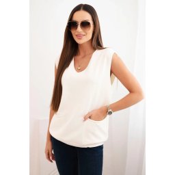Kesi Włoski Women's sleeveless viscose sweater with pockets and a V-neck ecru