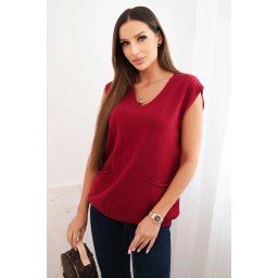 Kesi Włoski Women's sleeveless viscose sweater with pockets and a V-neck burgundy