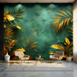 Fototapet Emerald Luxe – Frunze aurii pe fundal verde smarald FLAR78 (Alege materialul: : Autocolant Perete Laminat Lucios)