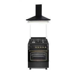 Set Aragaz rustic Viva Sierra 60 x 60 cm si Hota decorativa 60 cm, Cuptor Gaz+ Ventilatie Turbo, 4 ochiuri gaz, Rotisor, Grill gaz, Gratare fonta, Negru antracit