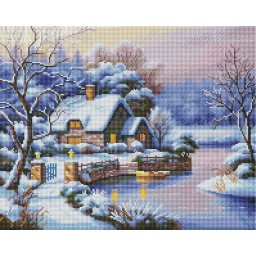 Set goblen cu diamante, cu sasiu, Cabana iarna in padure, 40x50 cm
