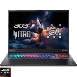 Laptop Gaming Acer Nitro 18 AI AN18-61-R50K, Procesor AMD Ryzen™AI 7 350, Display 18" WUXGA (1920x1200), IPS, 165Hz, Memorie RAM 16GB DDR5, Capacitate 512GB SSD, Placa video dedicata NVIDIA® GeForce RTX™ 5050 8GB GDDR7, No OS, Obsidian Black (INT Key
