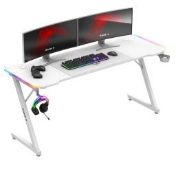 Birou gaming Huzaro, Hero 4.8, RGB LED, 160 x 60 x 74 cm, Iluminare LED, inclusiv mousepad 80 x 58 cm, Alb/Multicolor