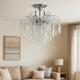 CANDELABRU TIP CASCADA CU CRISTALE, FINISAJ CROM LUCIOS, 9 BECURI, SOCLU E27 MAX 60W, Ø600