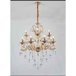Candelabru Clasic Grandios Cu 12 Brate, Finisaj Auriu Lucios, Decor Cu Cristale, 12 X E14, Ø750×H1000 Mm