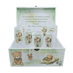 Set 7 pahare botez + Cutie pentru amintiri, model Green Baby Bear personalizat - FEIS510008