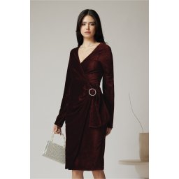 Rochie eleganta din catifea burgundy cu insertii din fir lurex si catarama in talie