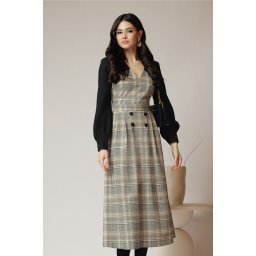 Rochie DY Fashion office din stofa cu carouri bej si maneci negre