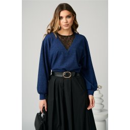 Bluza DY Fashion smart-casual din jerse bleumarin cu insertie din dantela