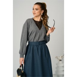 Bluza DY Fashion smart-casual din jerse gri cu insertie din dantela