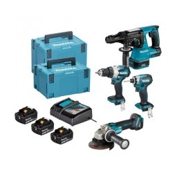 Pachet Makita - DHP489Z + DGA504Z + DHR243Z + DTD173Z - Masina de gaurit si insurubat cu percutie, 73 Nm + Polizor unghiular, 125 mm + Rotopercutor SDS-Plus, 2 J + Masina de insurubat cu impact, 180 Nm, M5-M16 + Set 3 acumulatori si incarcator, Li-Ion, 18