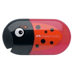 Ascuțitoare plastic dublă cu container și radieră Faber-Castell, buburuza