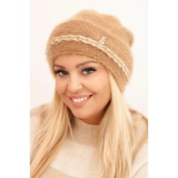 Kesi Women's winter fluffy hat with pearls and decorative weave camel