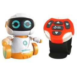 Robot inteligent cu roti, cu telecomanda tip ceas, robot de programare, alb