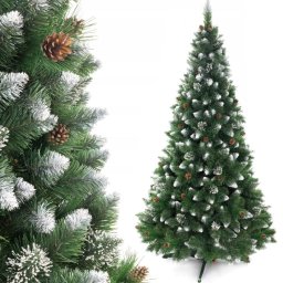 Brad Artificial de Craciun Imperial Verde/Alb cu Conuri Naturale si Cristale de Zapada pe Varfuri 180cm