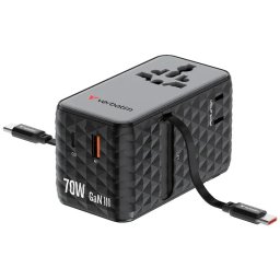 Adaptor calatorie Verbatim 30186 GaN,70W,2 cabluri retractabile, USB-C PD 3.0 QC4+up to 70W/USB-A QC 4+up to 60W, negru