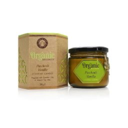 Lumânare organică Patchouli Vanilie 200 g însticlă nuanță chilimbar , verde deschis