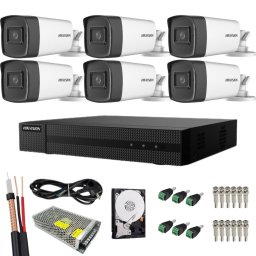 Sistem supraveghere complet Hikvision Turbo HD, Functii inteligente, 6 camere Bullet, 5MP, IR 40 m, HDD 1TB inclus, Vizualizare de pe mobil, Accesorii montaj
