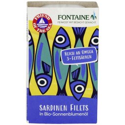 File de sardine fara oase, cu piele, in ulei bio de floarea-soarelui 120g