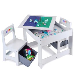 Masa cu scaune pentru copii Suporto si tabla compatibila cu piese LEGO Clasic, din MDF, Sertare Depozitare, Organizator Jucarii, Tabla de Scris, Desenat, Studiat. Alb cu gri, 3-6 ani