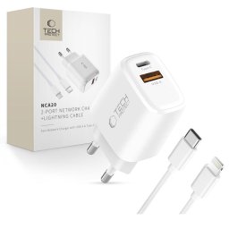 Husa Încărcător de rețea Tech-Protect NCA20 cu 2 porturi, PD 20W / QC3.0 și cablu Lightning, alb