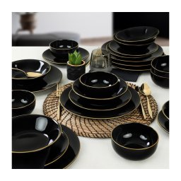 Set de masă, 24 piese, negru/auriu, din ceramică de tip stoneware