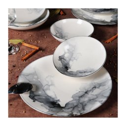 Set de veselă, 24 piese, alb/negru, porțelan