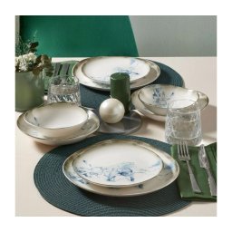 Set de masă, 24 piese, porțelan, alb/albastru